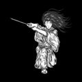 Long Hair Samurai Attacking With His Katana, Hand Drawn Illustration