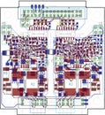 Fabolous printed circuit board pcb layout with 6 layers. Topside in red and bottomside in blue with some resistors, capacitors,