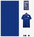 Soccer jersey pattern design. Geometric pattern on blue background for soccer kit, football kit, sports uniform. T shirt mockup.