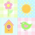 Fabric applique stitched on the colorful patchwork background: the sun, bird, birdhouse, flower. Vector seamless pattern