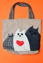Fabric bag with applique. Funny cat snouts. Handwork.