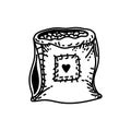 Fabric bag, parcel - hand-drawn doodle style element. Bag for grain, flour. Bag for sending parcels with a cute heart