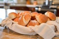 fabric basket with assorted bread rolls on a kitchen counter Royalty Free Stock Photo