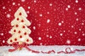 Fabric Christmas Tree, Ball, Snow, Copy Space, Red Background, Snowflakes Royalty Free Stock Photo