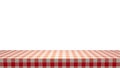 Fabric cloth or placemat on wood table top, Wooden table surface, red and white checkered tablecloth, gingham pattern, kitchen Royalty Free Stock Photo
