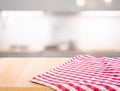 Fabric,cloth on wood table top on blur kitchen counter roombackground