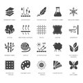 Fabric feature, clothes material vector flat glyph icons. Garment property symbols. Cotton wool, waterproof, wind