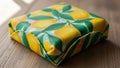 Fabric features a vibrant design of yellow lemons and green leaves suggestin Royalty Free Stock Photo