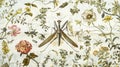 A fabric featuring a detailed illustration of a praying mantis surrounded by a delicate floral pattern.