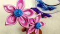 fabric flowers applied in hair accessories.  artesanal job.  beautiful crafts Royalty Free Stock Photo