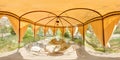 Fabric garden pavilion with table and chairs inside view Image with 3D spherical panorama with 360 degree viewing angle Ready for