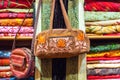 Fabric handbag on sale in a shop Muttrah Souk, in Mutrah, Muscat, Oman, Middle East