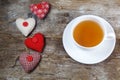 Fabric hearts and cup of tea Royalty Free Stock Photo