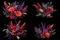 a set of four bouquets of wildflowers on a black background, an isolated background,