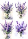 a set of four bouquets of wildflowers on a white background, an isolated background,