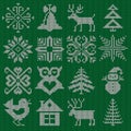 Fabric knitted logo. Xmas ornament on clothes handicraft woolen symbols scandinavian scheme textile objects snowflakes