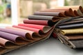 Fabric and leather samples of different colors Royalty Free Stock Photo