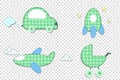 Fabric or paper plaid green stickers of car, rocket, stroller, airplane Royalty Free Stock Photo