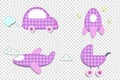 Fabric or paper plaid pink stickers of car, rocket, stroller, airplane Royalty Free Stock Photo