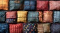 fabric patchwork art, diverse fabric patches artfully combined into a colorful and patterned quilt square, showcasing Royalty Free Stock Photo