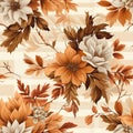 seamless fabric pattern that combines rustic plaid patterns with autumn leaves flowers