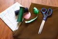 Fabric, sartorial meter, scissors, chalk, threads, patterns, schemes Royalty Free Stock Photo