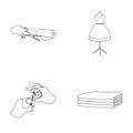 Fabric, scissors for cutting fabrics, hand sewing, dummy for clothes. Sewing and equipment set collection icons in