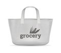 Fabric shopping bag. Realistic handbag for purchases from grocery shop. White reusable textile packaging with lettering