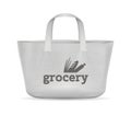 Fabric shopping bag. Realistic handbag for purchases from grocery shop. White reusable textile packaging with lettering, isolated