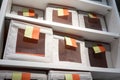 Fabric storage boxes in square shape with orange and yellow pull