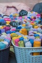 Fabric store with stacks of colorful textiles Royalty Free Stock Photo