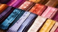 Fabric swatches in different colors, patterns, and textures are displayed in a closeup shot