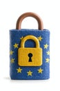 Fabric textured padlock European Union stars representing GDPR cybersecurity encryption online privacy secure digital access