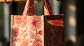 A fabric tote bag with red floral and leaf patterns. The bag features sturdy, square Royalty Free Stock Photo