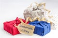 Fabric wrapping for gifts, sustainable living concept, zero waste, sustainable giving text