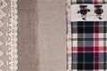 Fabrics background. Linen fabric, sackcloth, plaid flannel shirt