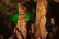 Fabulous abstract background of stalactites, stalagmites and stalagnates in a cave underground, horizontal