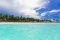 Fabulous amazing tropical palm beach and tranquil turquoise ocean against blue sky background