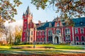 Fabulous autumn scene of Palace in Plawniowice. Colorful morning landscape of Upper Silesia, Poland. Traveling concept background