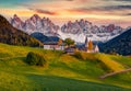 Fabulous autumn view of Santa Maddalena village in front of the Geisler or Odle Dolomites Group. Royalty Free Stock Photo