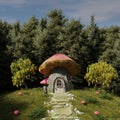 Fabulous beautiful mushroom house in field. Small house of gnome in form of mushroom on background of forest. 3d render