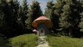 Fabulous beautiful mushroom house in field. Small house of gnome in form of mushroom on background of forest. 3d render