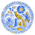 Ukrainian Decorative plate in Gzhel style. yellow blue Colorful Fabulous bird. painted ornament. Ukrainian flowers