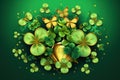 Fabulous cartoon greeting card with clover leaves and yellow butterflies. Saint Patrick Day concept. Created using generative AI