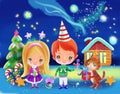 Fabulous cozy christmas. boy and girl on the background of the Christmas tree and the house, children`s illustration, Merry Christ