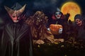 Fabulous creatures in the night forest with the full moon glowing. Halloween concept