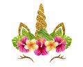 Unicorn face with golden horn in tropical flowers wreath