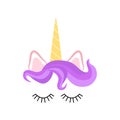 Fabulous cute unicorn with golden gilded horn and closed eyes with Flowers and Eyelashes Royalty Free Stock Photo