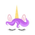 Fabulous cute unicorn with golden gilded horn and closed eyes with Flowers and Eyelashes Royalty Free Stock Photo