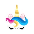 Fabulous cute unicorn with golden gilded horn and closed eyes. Royalty Free Stock Photo